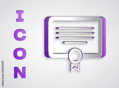 Paper cut Certificate template icon isolated on grey background. Achievement, award, degree, grant, diploma. Business success certificate. Paper art style. Vector