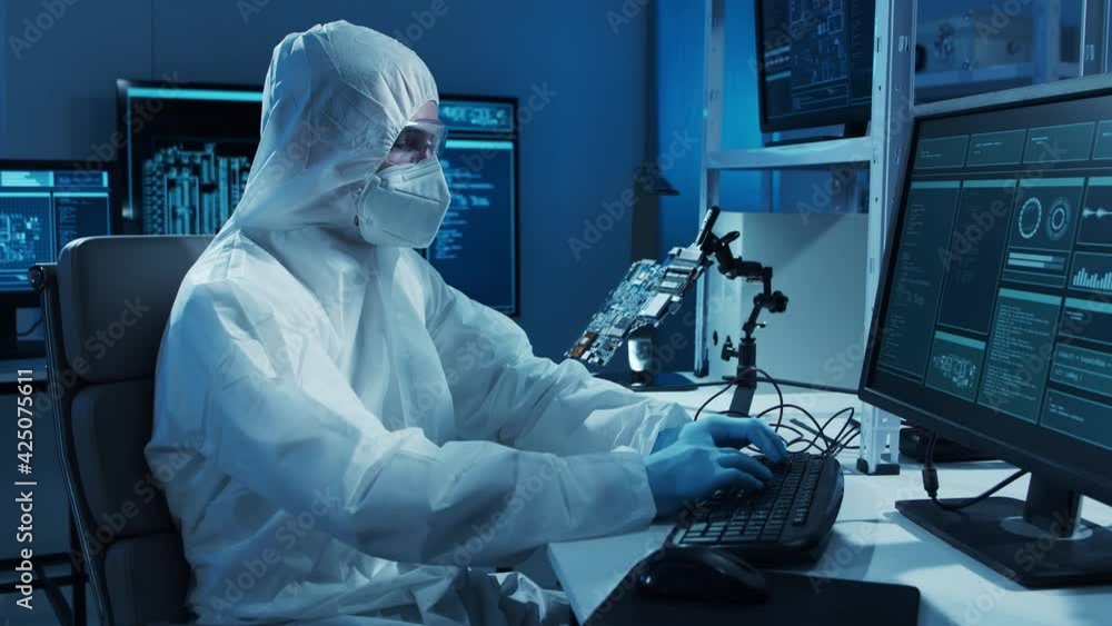 Microelectronics Operator Microelectronics engineer works in a modern scientific laboratory on ...