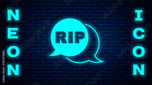 Glowing neon Speech bubble rip death icon isolated on brick wall background. Vector