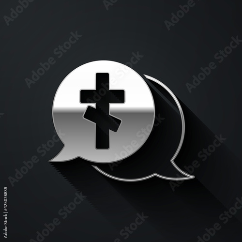 Silver Grave with cross icon isolated on black background. Long shadow style. Vector