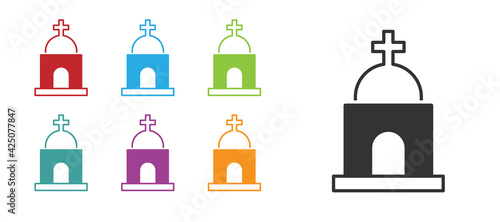 Black Old crypt icon isolated on white background. Cemetery symbol. Ossuary or crypt for burial of deceased. Set icons colorful. Vector