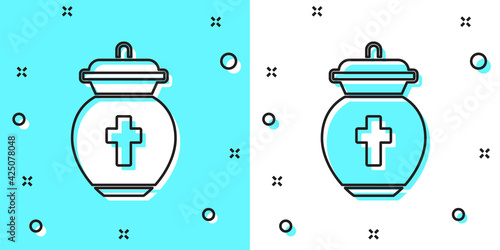 Black line Funeral urn icon isolated on green and white background. Cremation and burial containers, columbarium vases, jars and pots with ashes. Random dynamic shapes. Vector