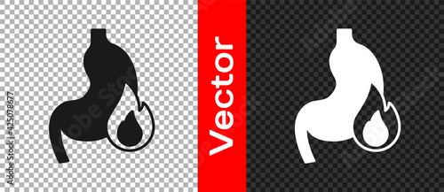 Black Stomach heartburn icon isolated on transparent background. Stomach burn. Gastritis and acid reflux, indigestion and stomach pain problems. Vector