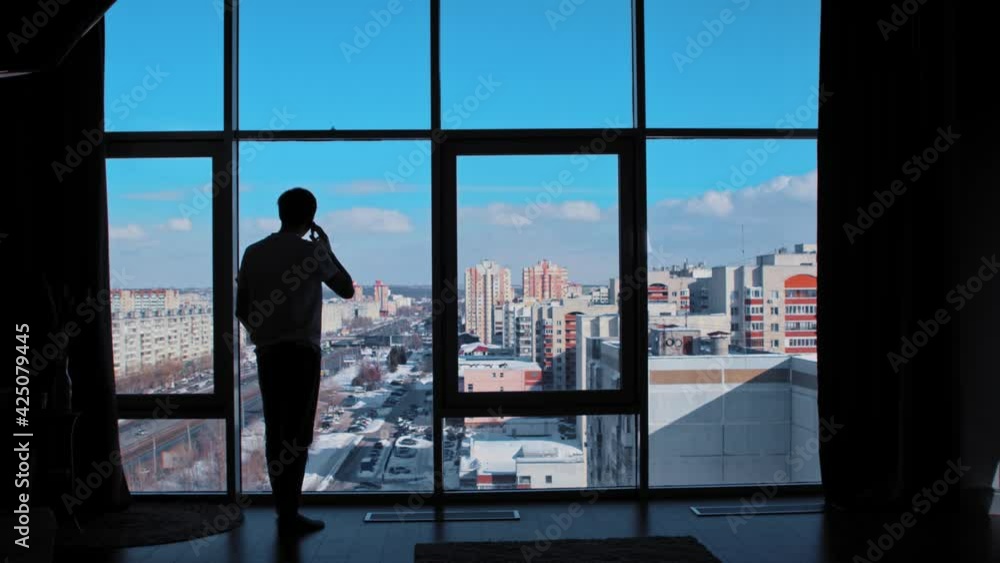 A business man speaks on the phone in front of the windows A business man speaks on the phone in front of the windows