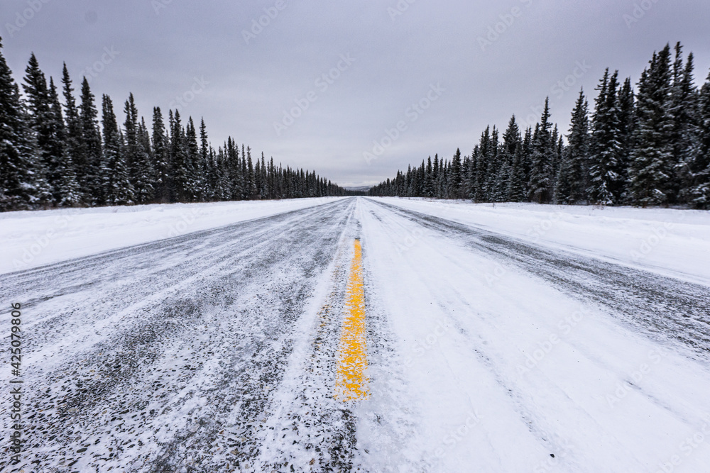 highway covered in snow and ice with trees on the side of the road highway covered in snow and ice with trees on the side of the road