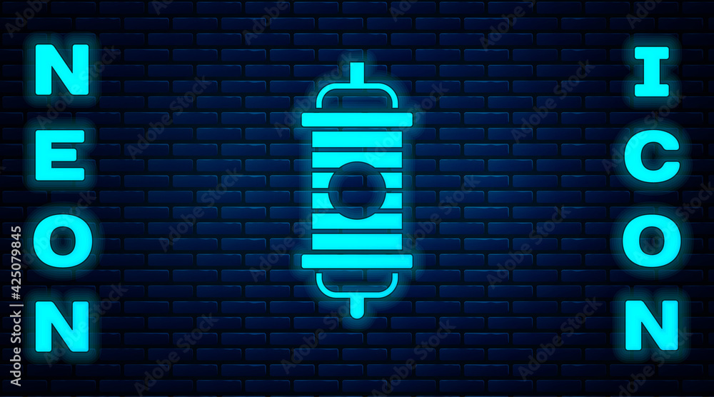 Glowing neon Chinese paper lantern icon isolated on brick wall background. Vector Glowing neon Chinese paper lantern icon isolated on brick wall background. Vector