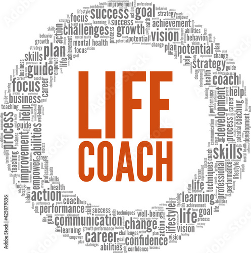Life coach vector illustration word cloud isolated on a white background.