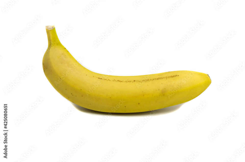 one yellow ripe banana on a white background