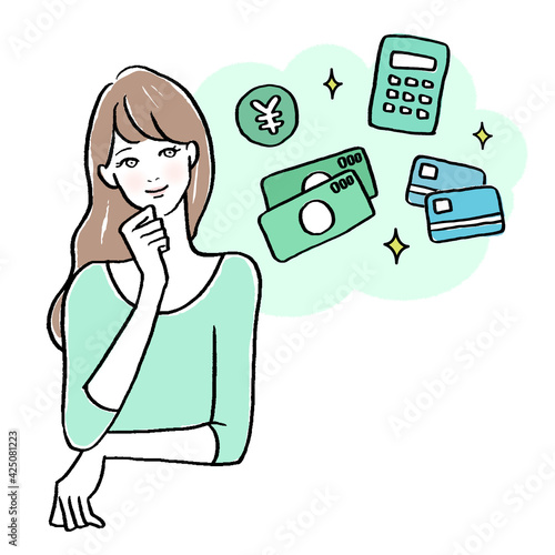 お金について考える女性のイラスト