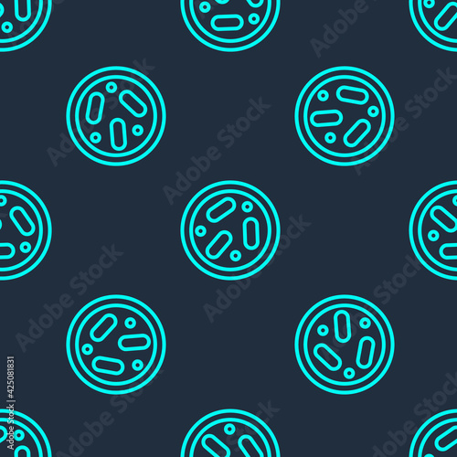 Green line Petri dish with bacteria icon isolated seamless pattern on blue background. Vector
