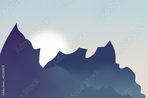 Mountain range with moon in the night sky, landscape illustration