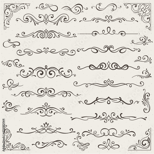  set of calligraphic design elements and page decorations. Elegant collection of hand drawn swirls and curls for your design. Isolated on beige background