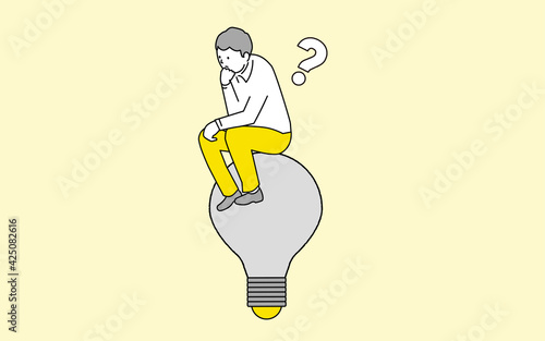 電球に乗って考える男性、アイデアが思いつかないイメージ、黄色とグレーのシンプルイラスト、ベクター