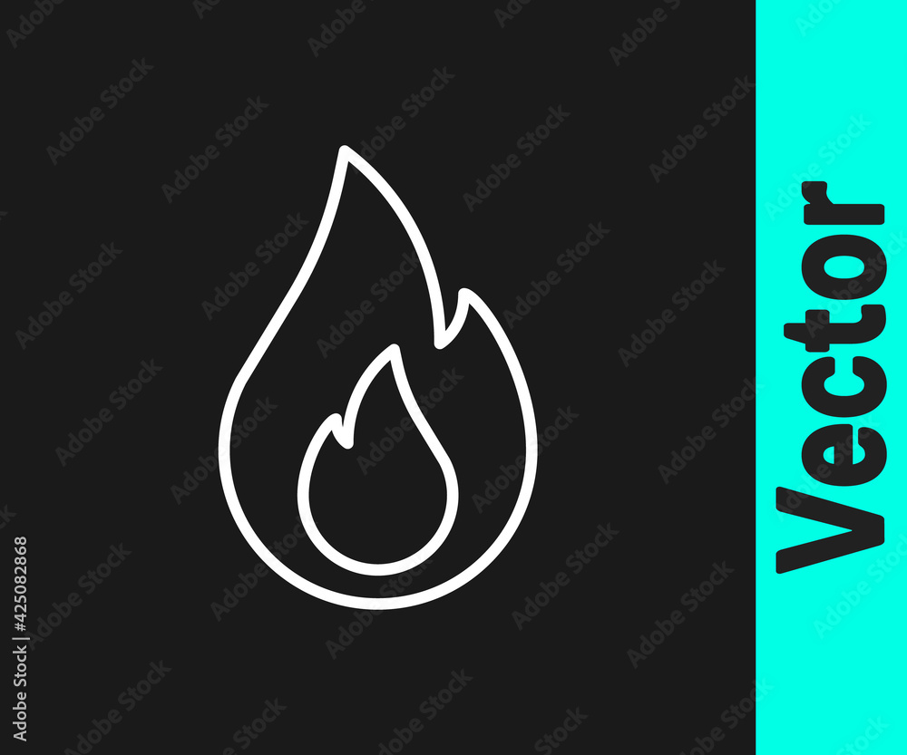 White line Fire flame icon isolated on black background. Vector White line Fire flame icon isolated on black background. Vector