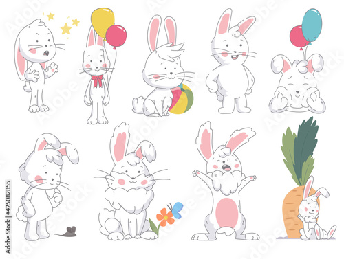 Set of funny cute collor bunny in in different pose isolated on white background. Rebbit standing, seated, lies with color balloon, carrot, butterfly, and flowers