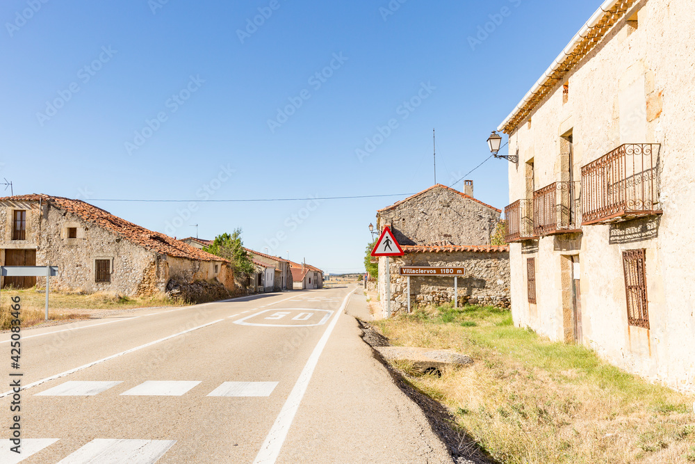 a paved road going through Villaciervos, province of Soria, Castile and Leon, Spain