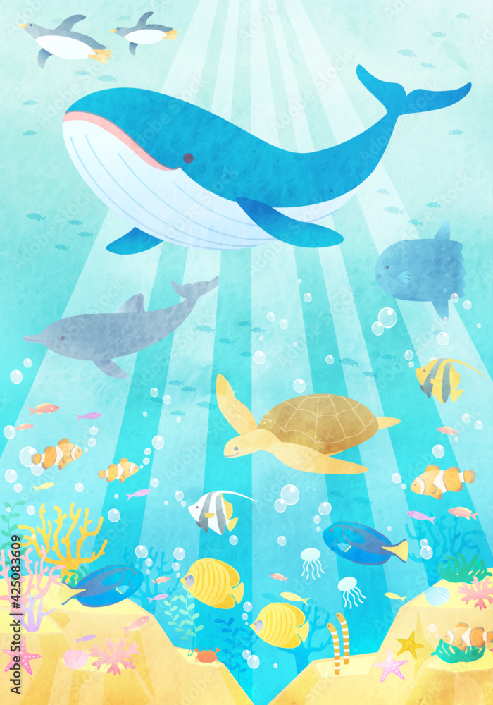 夏の海でクジラやペンギンやイルカが泳いでいる水彩風のベクターイラスト背景 風景 Stock Vector Adobe Stock 夏の海でクジラやペンギンやイルカが泳いでいる水彩風のベクターイラスト背景 風景 Stock Vector Adobe Stock
