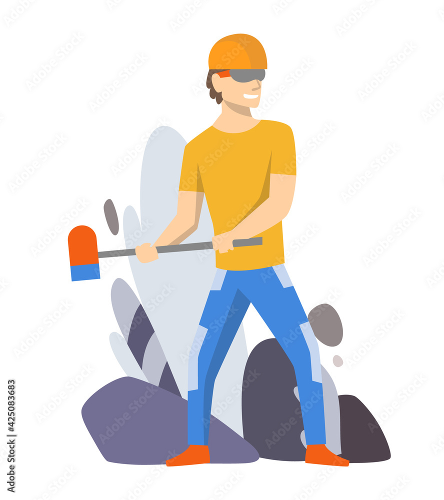 Obraz premium Foreman or worker for building construction. isolated character. Man wearing uniform and using hammer for her job