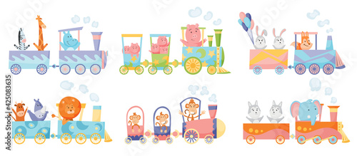 Cartoon set with different animals on trains. Fox giraffe monkey elephant bear pigs bunny tiger behemoth parrot. Flat  elements for postcard, book or print