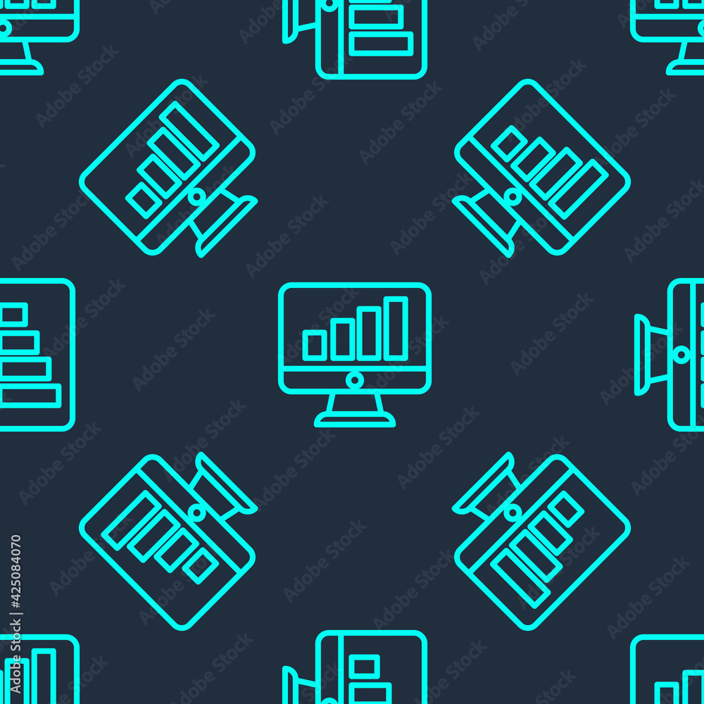 Green line Computer monitor with graph chart icon isolated seamless pattern on blue background. Report text file. Accounting sign. Audit, analysis, planning. Vector Green line Computer monitor with graph chart icon isolated seamless pattern on blue background. Report text file. Accounting sign. Audit, analysis, planning. Vector