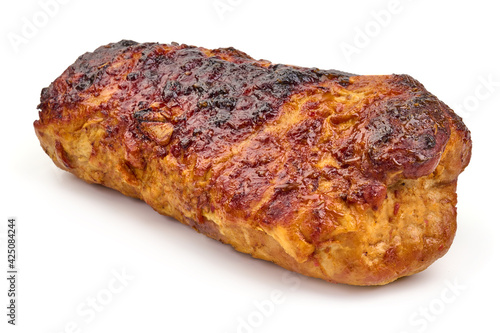 Roasted pork meat, baked spicy meat, isolated on white background