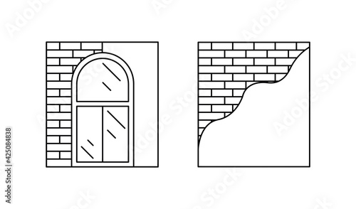 Wall plastering icon set. Construction, brick and window icons. Construction icons over white background. Technical line art vector illustration. Editable line set