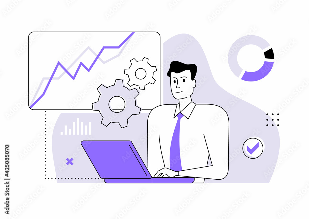Man working on laptop vector illustration. Office job, workplace. Man working on laptop vector illustration. Office job, workplace.