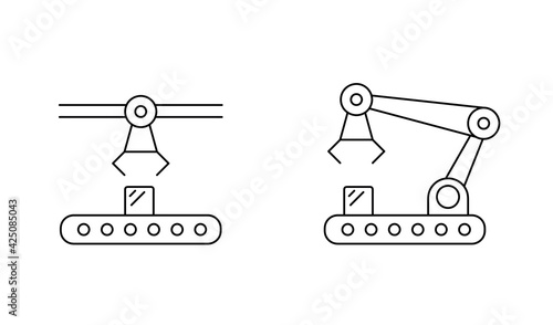 Modern robotics and manual manufacturing assembly icon set. Packaging, loading and warehouse inventory. Fine line art removal. Style illustrations isolated on white.