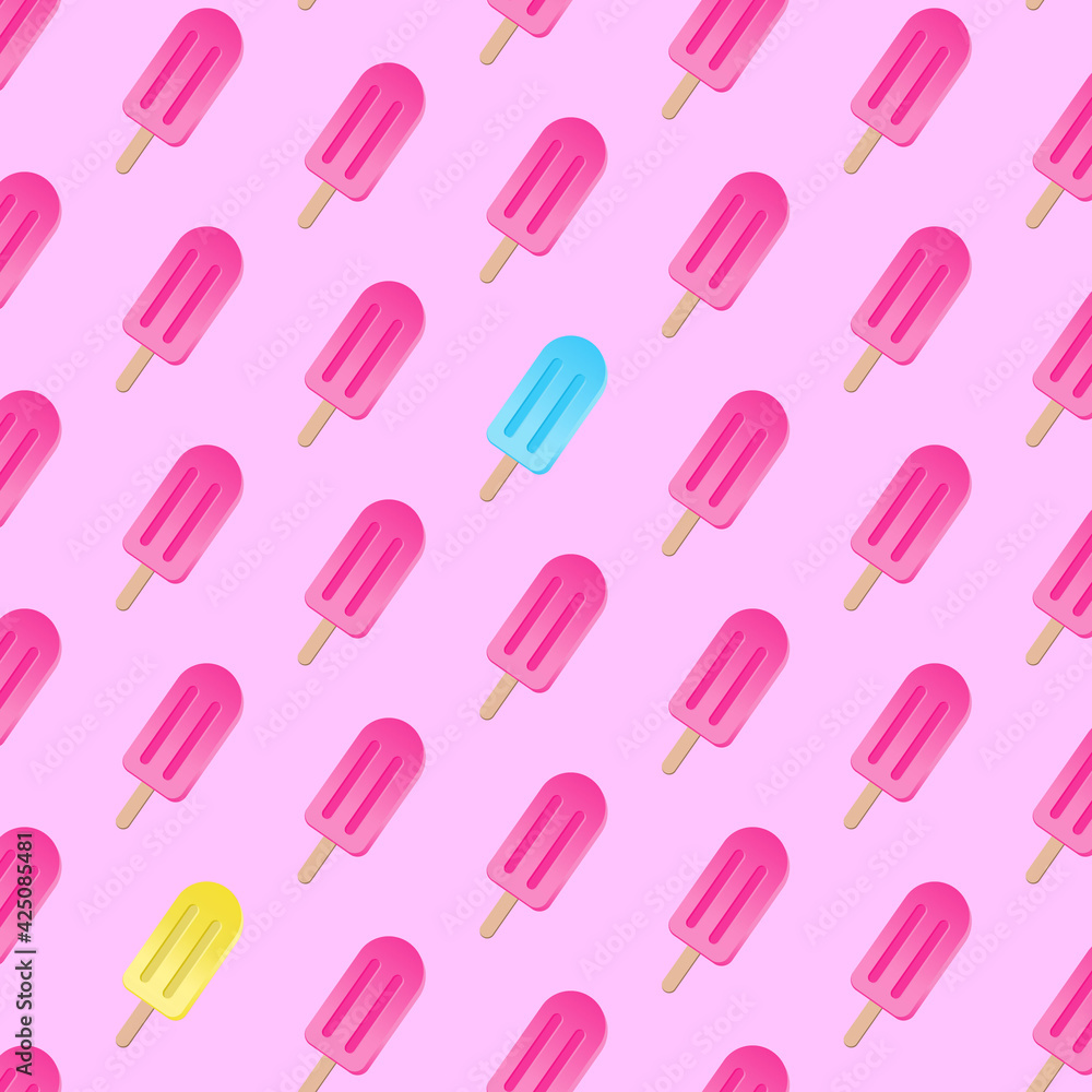 Seamless bright light pattern with ice cream for fabric, drawing of labels, printing on T-shirts, wallpaper for a children's room, fruit ice background. popsicle, ice cream on a stick. Doodle style fu Seamless bright light pattern with ice cream for fabric, drawing of labels, printing on T-shirts, wallpaper for a children's room, fruit ice background. popsicle, ice cream on a stick. Doodle style fu