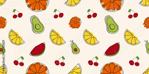 Seamless fruit pattern. Vector illustration with fruits and vegetable. Linear art with orange, lemon, cherry, watermelon and avocado. Colorful background. 