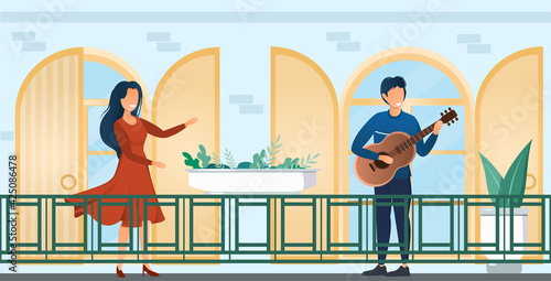 People dancing and playing instrument on balcony.