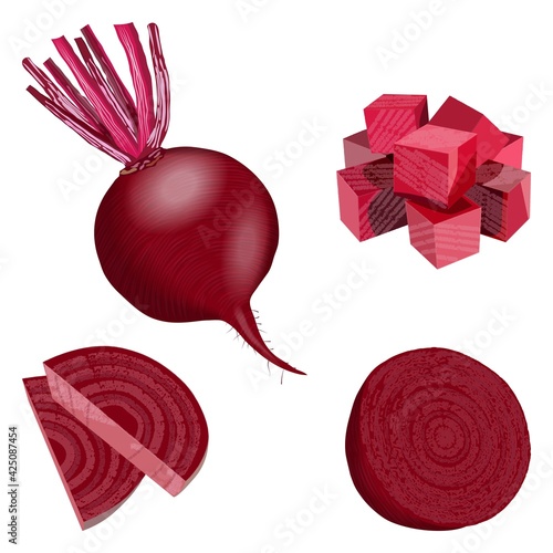 Beetroot. Whole, sliced beetroot and half beetroot, diced beets for banners, flyers. Fresh organic and healthy, diet and vegetarian food. Vector illustration isolated on white background