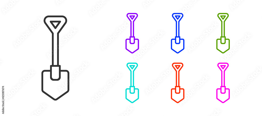 Black line Shovel icon isolated on white background. Gardening tool. Tool for horticulture, agriculture, farming. Set icons colorful. Vector Black line Shovel icon isolated on white background. Gardening tool. Tool for horticulture, agriculture, farming. Set icons colorful. Vector