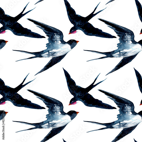 Seamless watercolor pattern with swallows isolated on white background