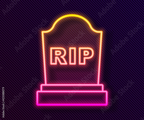 Glowing neon line Tombstone with RIP written on it icon isolated on black background. Grave icon. Vector