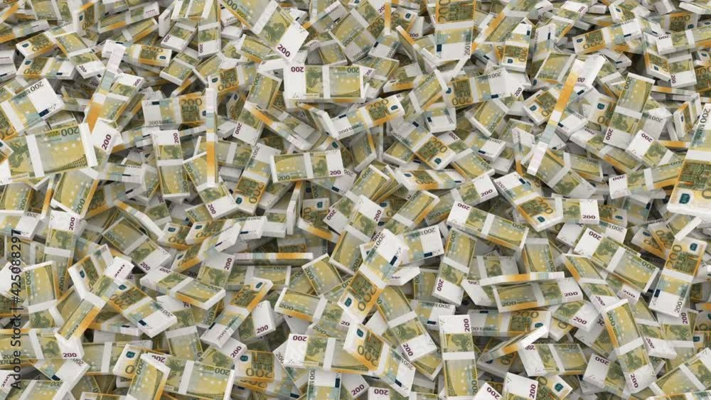two hundred euro stacks of banknotes fall from above forming a large pile on the whole screen two hundred euro stacks of banknotes fall from above forming a large pile on the whole screen