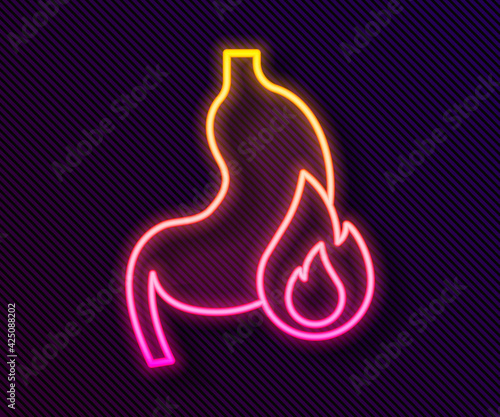 Glowing neon line Stomach heartburn icon isolated on black background. Stomach burn. Gastritis and acid reflux, indigestion and stomach pain problems. Vector