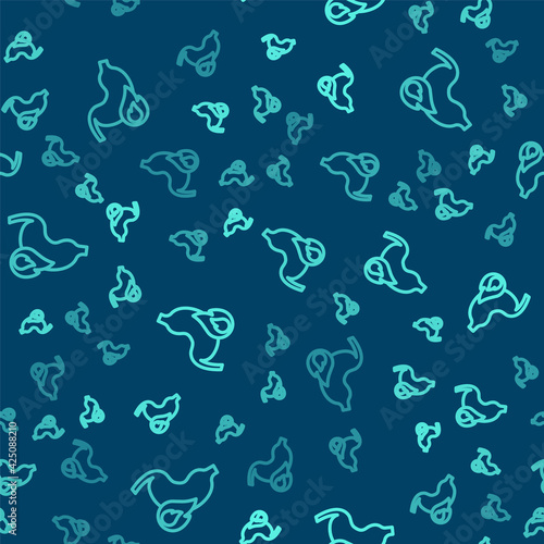 Green line Stomach heartburn icon isolated seamless pattern on blue background. Stomach burn. Gastritis and acid reflux, indigestion and stomach pain problems. Vector
