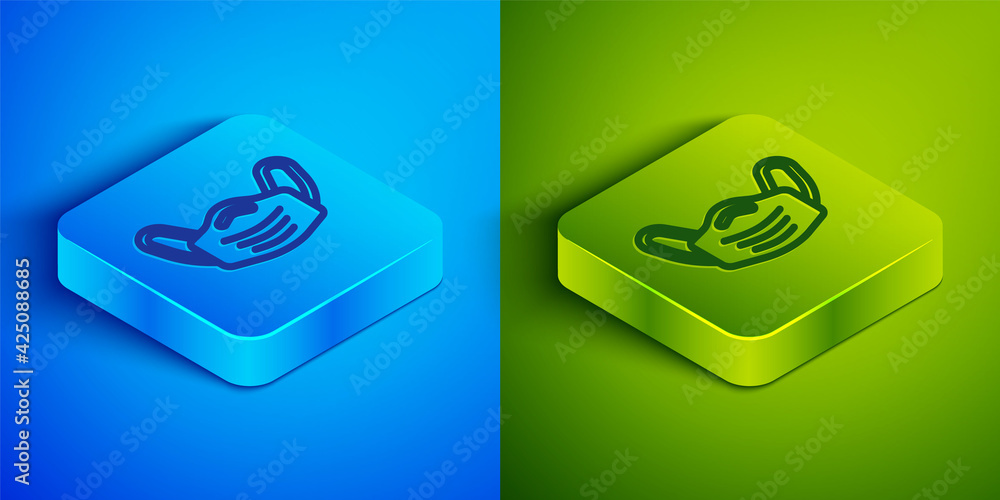 Isometric line Medical protective mask icon isolated on blue and green background. Square button. Vector Isometric line Medical protective mask icon isolated on blue and green background. Square button. Vector