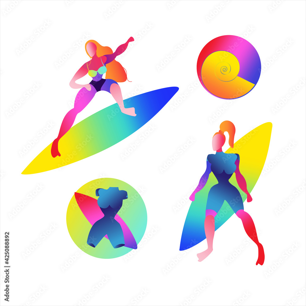 Surfing summer board and surfer girl character set vector in flat style. Surfing summer board and surfer girl character set vector in flat style.