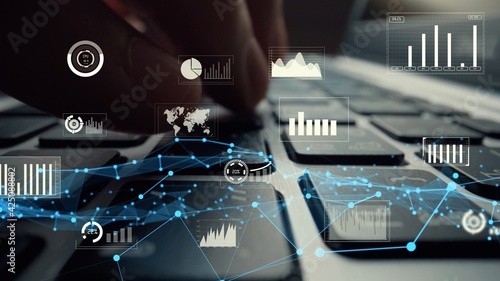 Billede på lærred Creative visual of business big data and finance analysis on computer showing concept of statistical investment decision making methodology, fintech and financial engineering