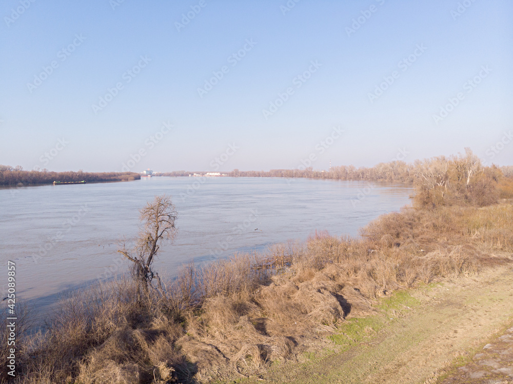 Aerial view of Danube river in Serbia. Beautiful nature image of Danube river Aerial view of Danube river in Serbia. Beautiful nature image of Danube river