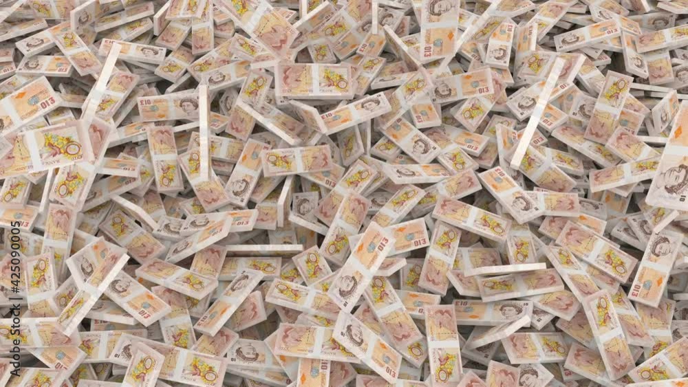 ten pounds sterling stacks of banknotes fall from above forming a large pile on the whole screen ten pounds sterling stacks of banknotes fall from above forming a large pile on the whole screen