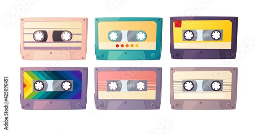 Retro audio cassettes set. Vintage tapes of the nineties. Cartoon vector illustration isolated on white background. 