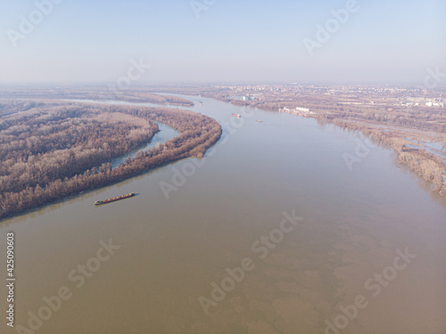 Aerial view of Danube river in Serbia. Beautiful nature image of Danube river photo