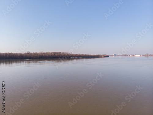 Aerial view of Danube river in Serbia. Beautiful nature image of Danube river