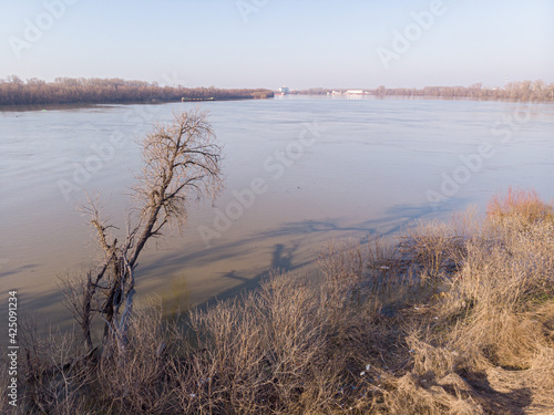 Aerial view of Danube river in Serbia. Beautiful nature image of Danube river