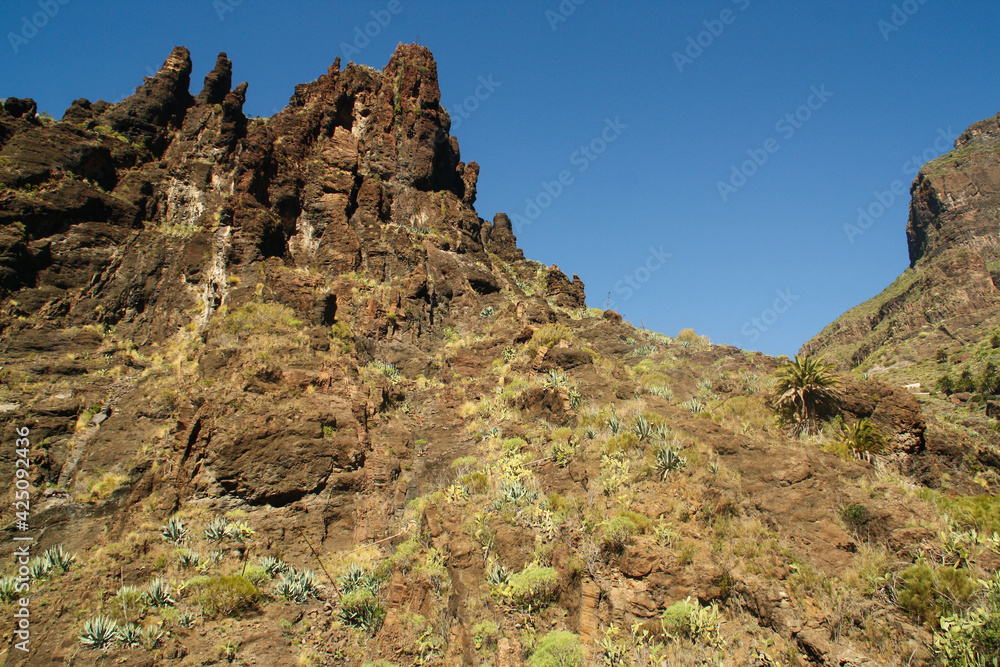 Naturaleza en las colinas volcánicas del sur de la isla de Tenerife, Islas Canarias, España. Paisaje volcánico rocoso con montañas escarpadas y profundos barrancos.