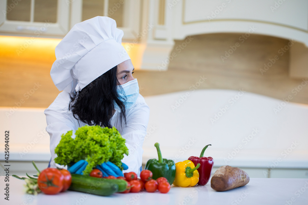Young woman wearing face mask. Yes. Happy day. Vegetables. Fruits. Young woman wearing face mask. Yes. Happy day. Vegetables. Fruits.