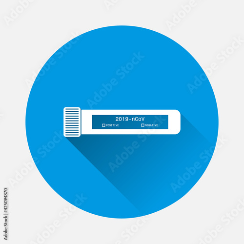 Coronovirus test tube vector icon. Positive and negative result on icon on blue background. Flat image with long shadow.